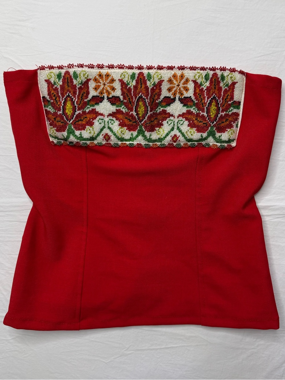 Red Strapless Beaded Embroidered Top Bandeau Top